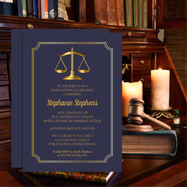 Convites Azul Elegante | Procurador-Geral Dourado (Elegant Blue and Gold Tone Legal Law Lawyer | Attorney Graduation Party Invitation Print | Download)