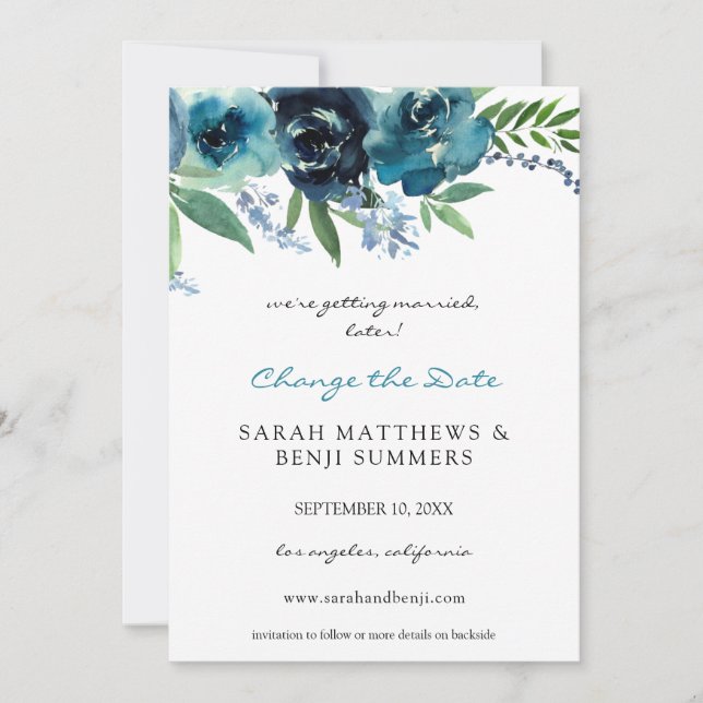 Convites Azul Empoeirado 2 Floral Mude a Data (Grande) (Frente)