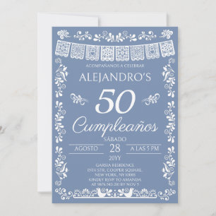 Convites Azul Empoeirado 50 Cumpleaños Festa de Aniversário