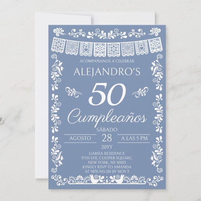 Convites Azul Empoeirado 50 Cumpleaños Festa de Aniversário (Frente)