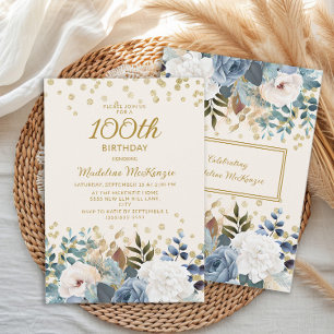 Convites Azul Empoeirado Branco Floral Dourado 100º Anivers