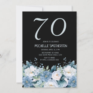 Convites Azul Empoeirado Branco Floral Preto Aniversário de