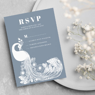 Convites Azul empoeirado branco real pavão elegante RSVP