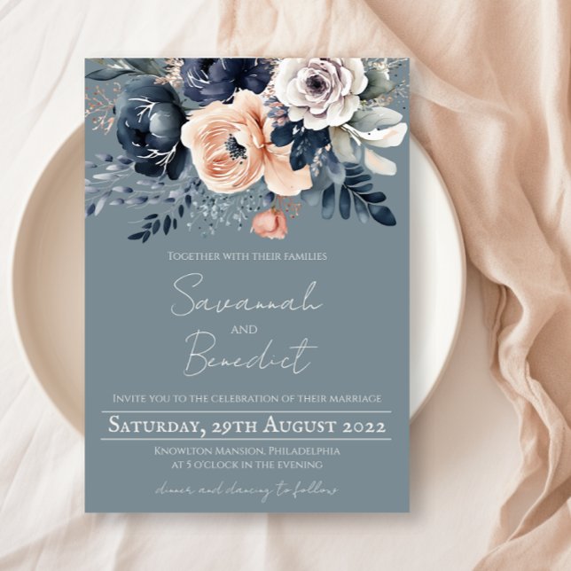 Convites Azul empoeirado com pêssego e Marinho Aquarela Flo (Criador carregado)