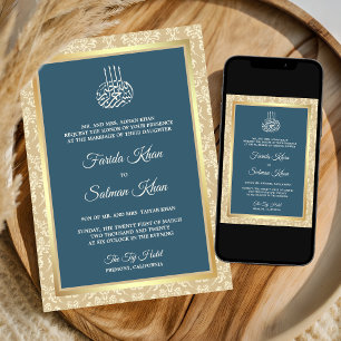 Convites Azul Empoeirado Creme Damasco Casamento Islâmico M