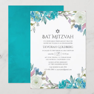 Convites Azul empoeirado e Bat Mitzvah Floral Turquesa