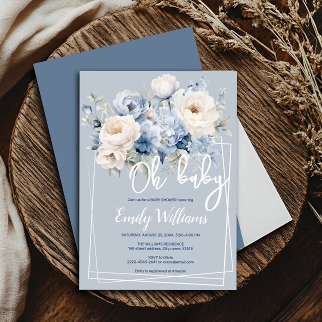 Convites Azul empoeirado e chá de fraldas floral de marfim (Blue and white roses and peonies floral watercolor baby shower invitation )