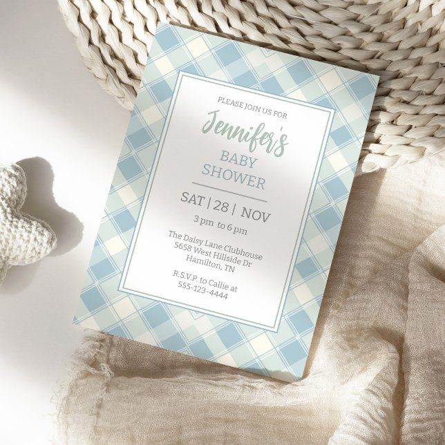 Convites Azul empoeirado e Chá de fraldas verde (Gingham Plaid baby Shower Invitation Dusty Blue and Sea Foam Green)