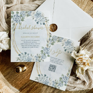 Convites Azul empoeirado e Dourado Floral   Chá de panela d