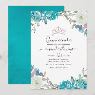 Convites Azul Empoeirado e Floral Turquesa Quinceañera