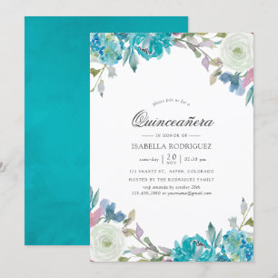 Convites Azul Empoeirado e Floral Turquesa Quinceañera