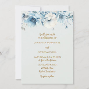 Convites Azul empoeirado e ouro, casamento floral