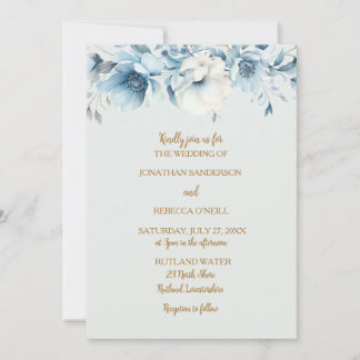 Convites Azul empoeirado e ouro, casamento floral