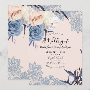 Convites Azul Empoeirado e Renda Floral de Pêssego Casament