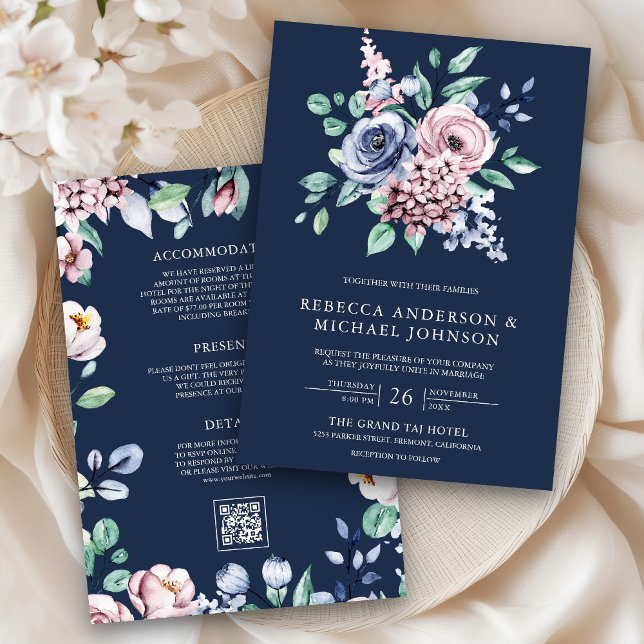 Convites Azul Empoeirado e Rosa Floral Código QR Casamento  (Criador carregado)
