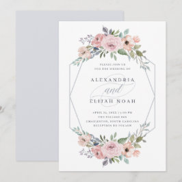 Convites Azul empoeirado e Rosa Geométrico Floral | Casamen