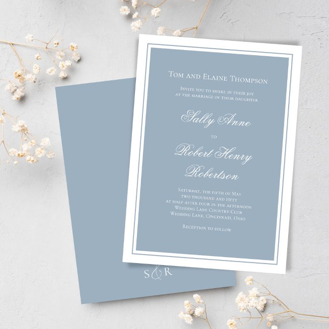 Convites Azul Empoeirado Elegante Roteiro de Caligrafia de  (Classic and elegant dusty blue wedding invitations)
