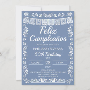 Convites Azul Empoeirado Feliz Cumpleaños Aniversário de 60