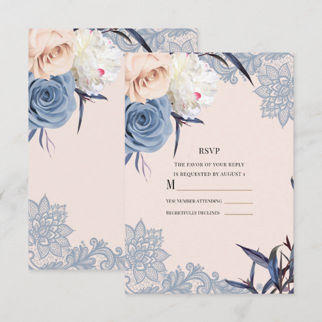 Convites Azul Empoeirado & Flor de Pêssego Renda Casamento  (Frente/Verso)