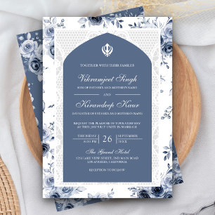 Convites Azul Empoeirado Floral Anand Karaj Casamento Punja