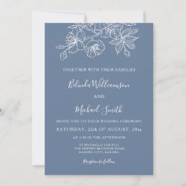 Convites Azul Empoeirado Floral Arte Linha Branco | Casamen