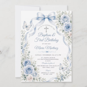 Convites Azul Empoeirado Floral Batismo & 1º Aniversário Bo