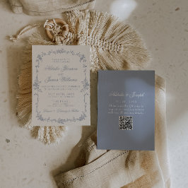 Convites Azul Empoeirado Floral Boho Botânico Código QR Cas