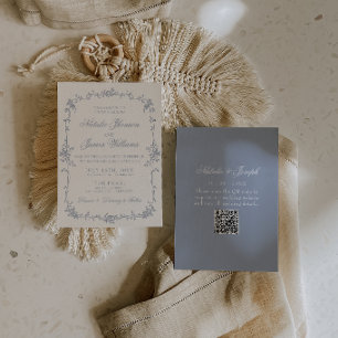 Convites Azul Empoeirado Floral Boho Botânico Código QR Cas