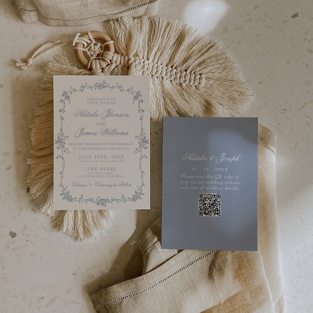 Convites Azul Empoeirado Floral Boho Botânico Código QR Cas (Criador carregado)