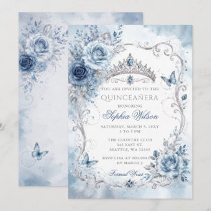 Convites Azul Empoeirado Floral Borboleta Quinceañera 
