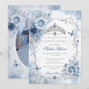 Convites Azul Empoeirado Floral Borboleta Quinceañera Foto