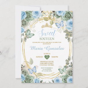 Convites Azul Empoeirado & Floral Borboleta Sweet Sixteen V