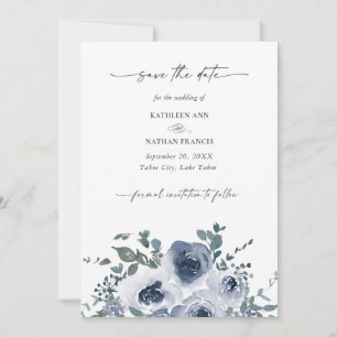 Convites Azul Empoeirado Floral Casamento Salve a Data