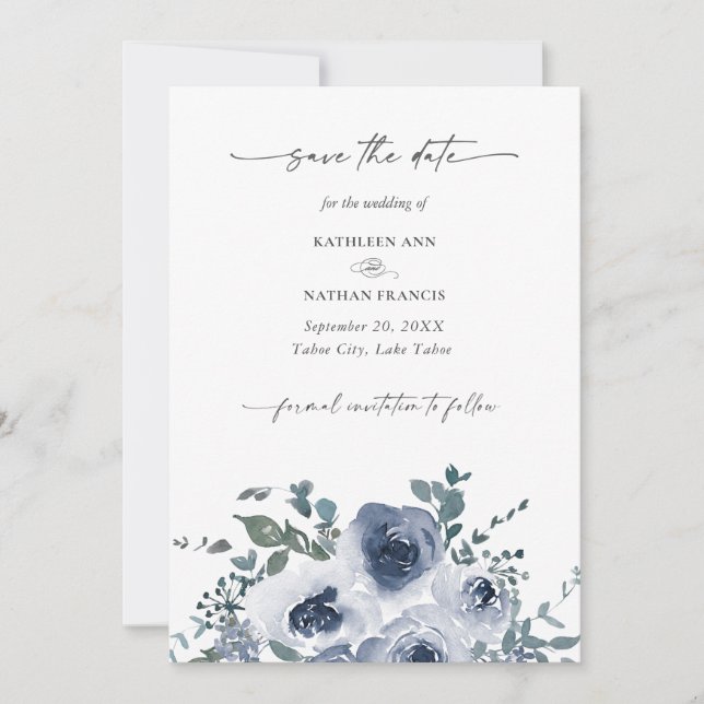 Convites Azul Empoeirado Floral Casamento Salve a Data (Frente)