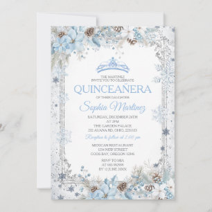 Convites Azul Empoeirado Floral de Natal Floco de Neve Quin