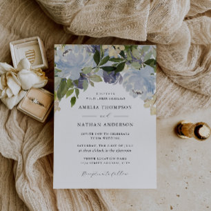 Convites Azul Empoeirado Floral Elegante Casamento 