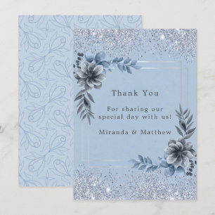 Convites Azul Empoeirado Floral Prata Brilho Casamento Agra