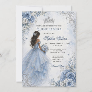 Convites Azul Empoeirado Floral Prata Princesa Quinceañera