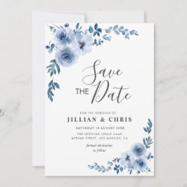 Convites azul empoeirado floral salvar a data