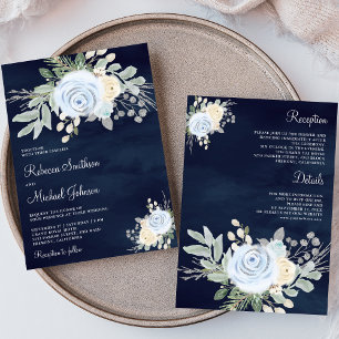 Convites Azul Empoeirado Marfim Floral Tudo em Um Casamento