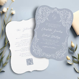 Convites Azul Empoeirado Monograma de Casamento com Floread