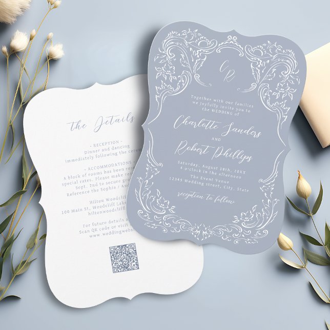 Convites Azul Empoeirado Monograma de Casamento com Floread (Dusty Blue Vintage Flourish Monogram Wedding Invitation)