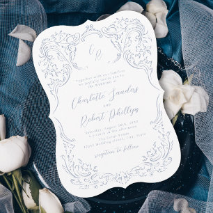 Convites Azul Empoeirado Monograma de Casamento com Floread