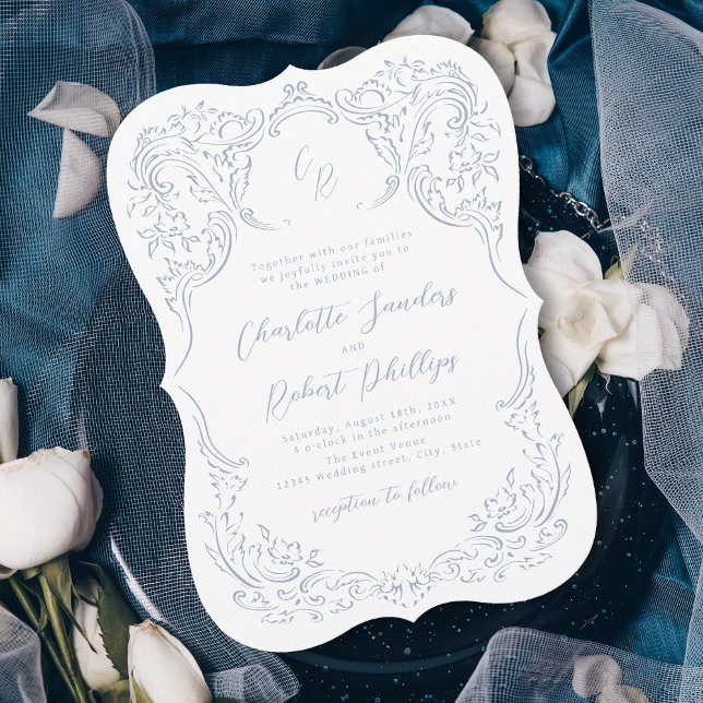 Convites Azul Empoeirado Monograma de Casamento com Floread (Dusty Blue Vintage Flourish Monogram Wedding Invitation)