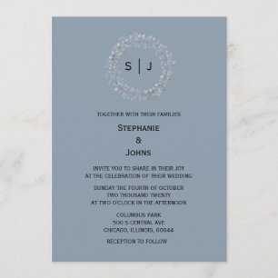 Convites Azul Empoeirado Monograma Folha Crista Elegante Ca