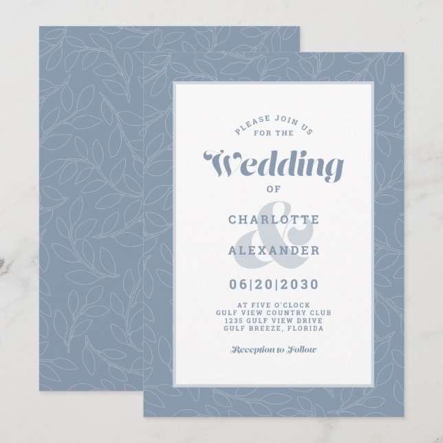 Convites Azul Empoeirado | Padrão Moderno Simples de Folhas (Frente/Verso)