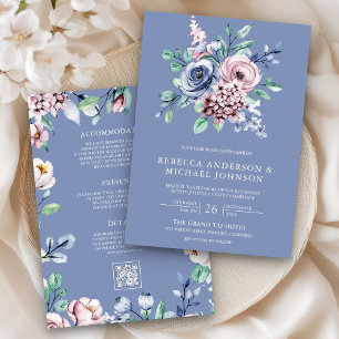 Convites Azul Empoeirado por Vinca Rosa Código QR Floral Ca