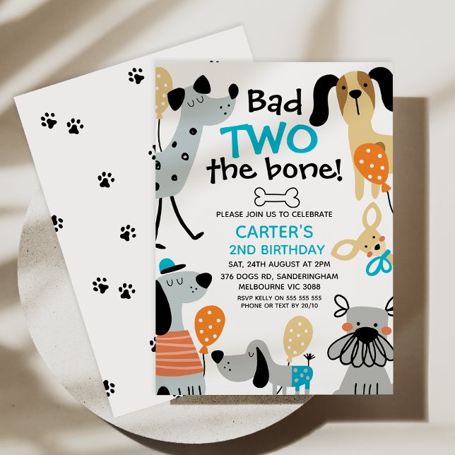 Convites Azul Engraçado Ruim Dois O segundo aniversário Dos (Editable Dog Bad 2 the Bone Birthday Invitation, Bad Two the Bone Birthday Invitation Template, Dogs)