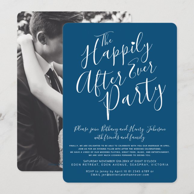 Convites Azul escuro branco feliz para sempre após a festa  (Frente/Verso)