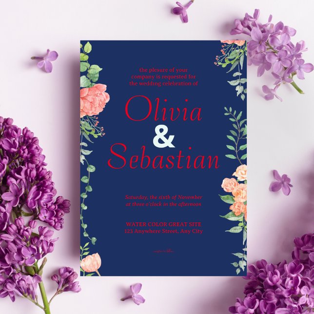 Convites Azul escuro com tipografia vermelha casamento eleg (Criador carregado)